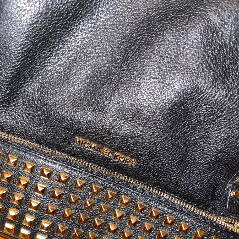 Michael Kors Rhea Black Gold Leather Studded Pebbled Leather Backpack - Picture 5 of 6